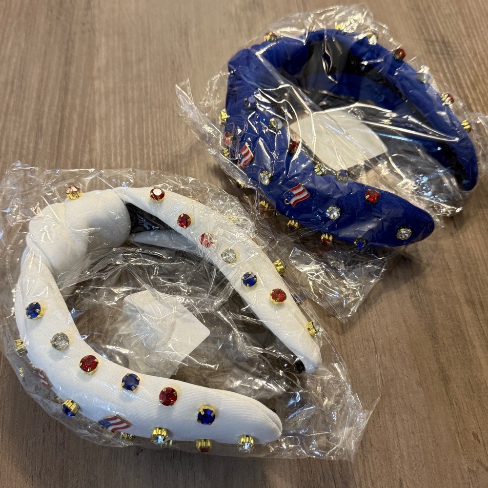 American Flag Knotted Headband Set 2pc Rhinestone Patriotic 4th of July